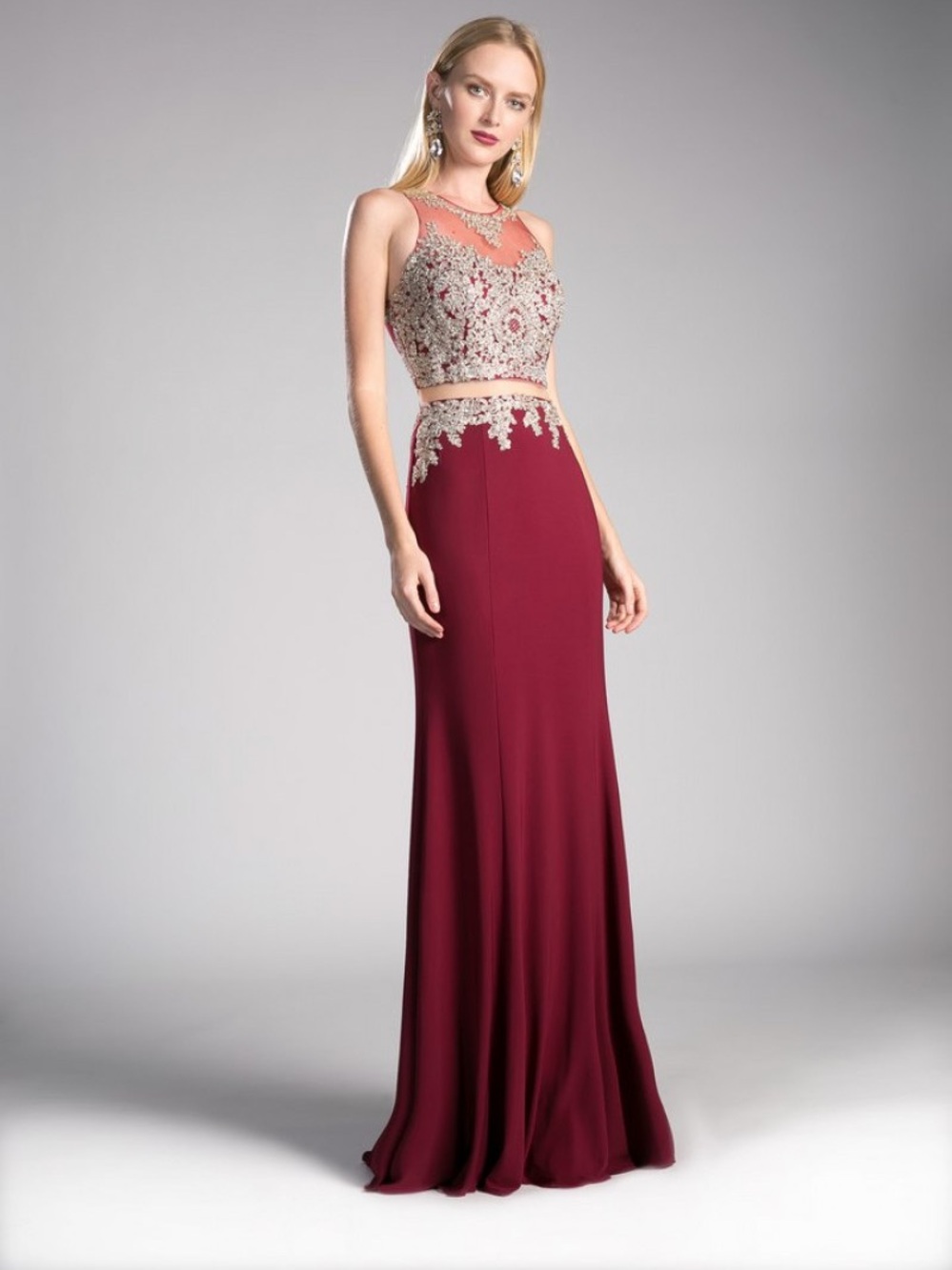 Dancing Queen Burgundy / Gold Two-Piece Illusion Beaded Evening Gown